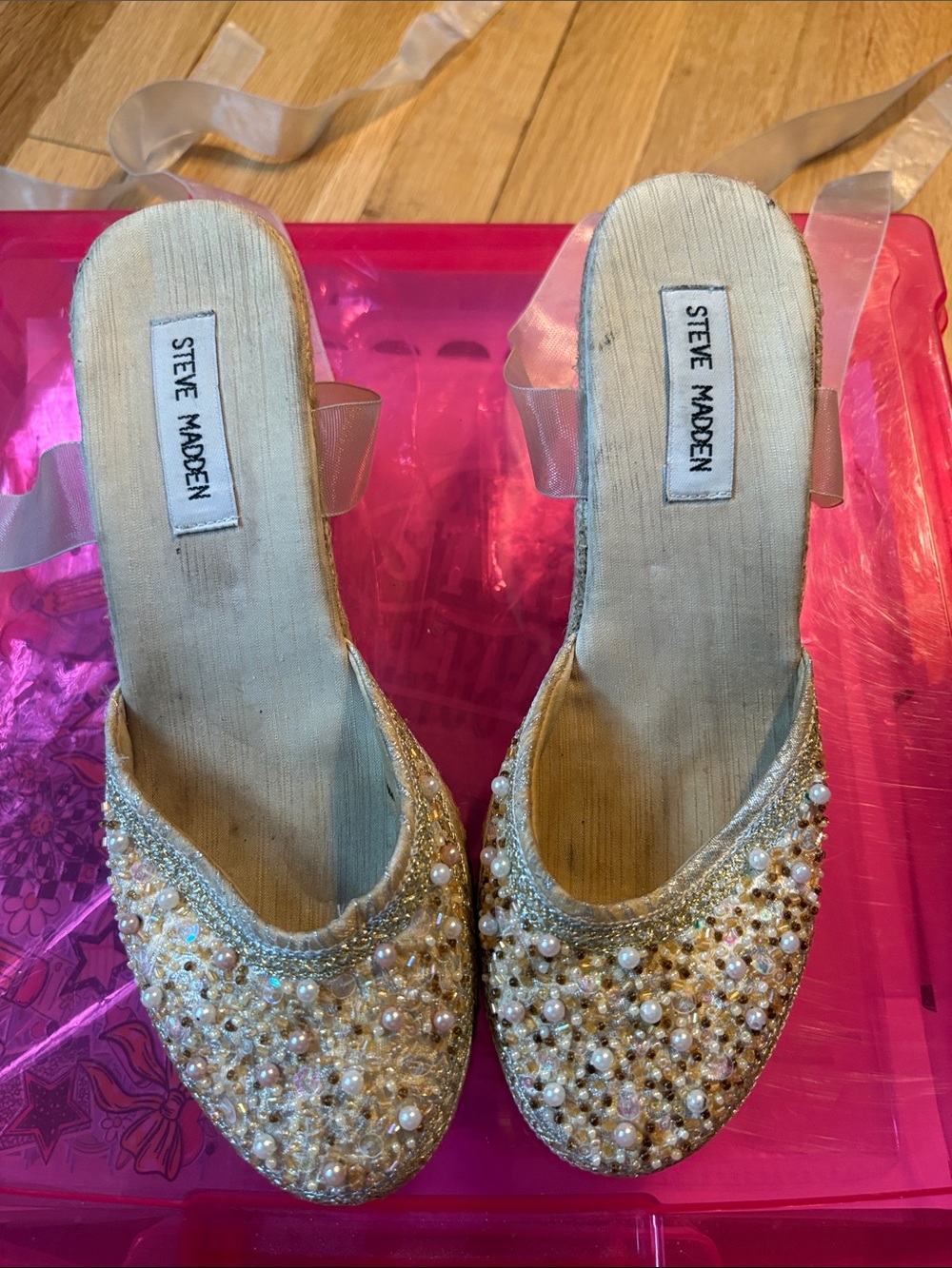 Steve Madden Gold Beaded Pearl-Embellished Slip-On Mules